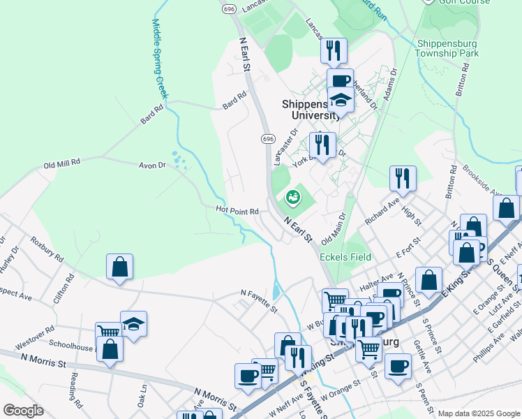map of restaurants, bars, coffee shops, grocery stores, and more near 112 Middle Spring Avenue in Shippensburg
