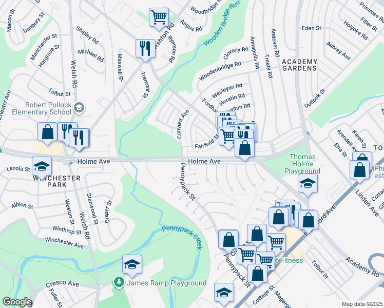 map of restaurants, bars, coffee shops, grocery stores, and more near 3021 Holme Avenue in Philadelphia