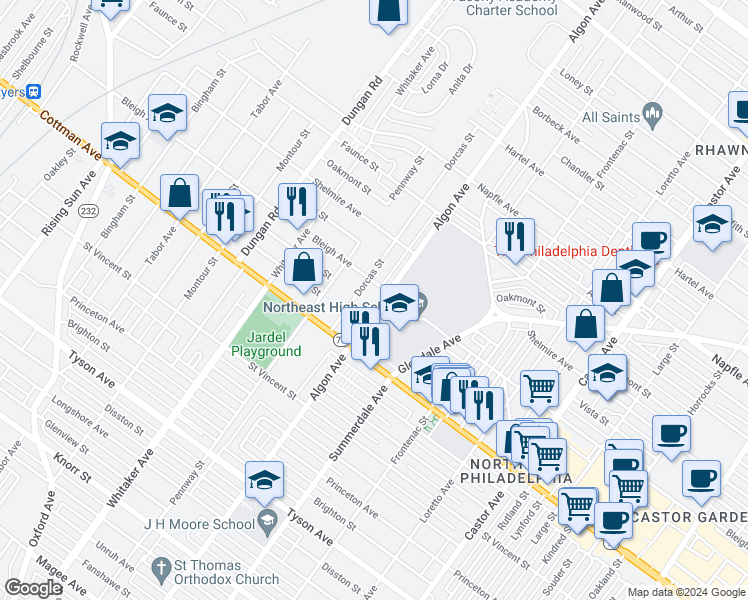 map of restaurants, bars, coffee shops, grocery stores, and more near 7322 Algon Avenue in Philadelphia