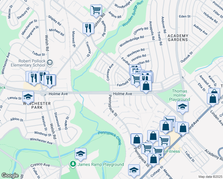 map of restaurants, bars, coffee shops, grocery stores, and more near 8903 Convent Avenue in Philadelphia