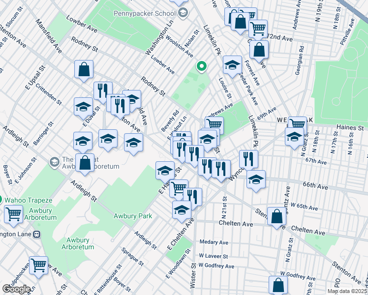 map of restaurants, bars, coffee shops, grocery stores, and more near 6621 Cornelius Street in Philadelphia