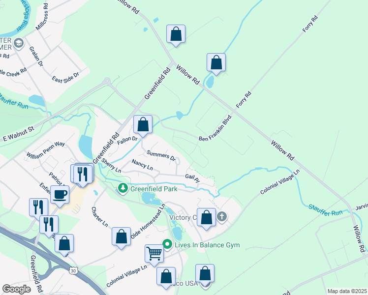 map of restaurants, bars, coffee shops, grocery stores, and more near 403 Eastwood Lane in Lancaster County