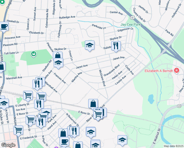 map of restaurants, bars, coffee shops, grocery stores, and more near 847 Grandview Boulevard in Lancaster