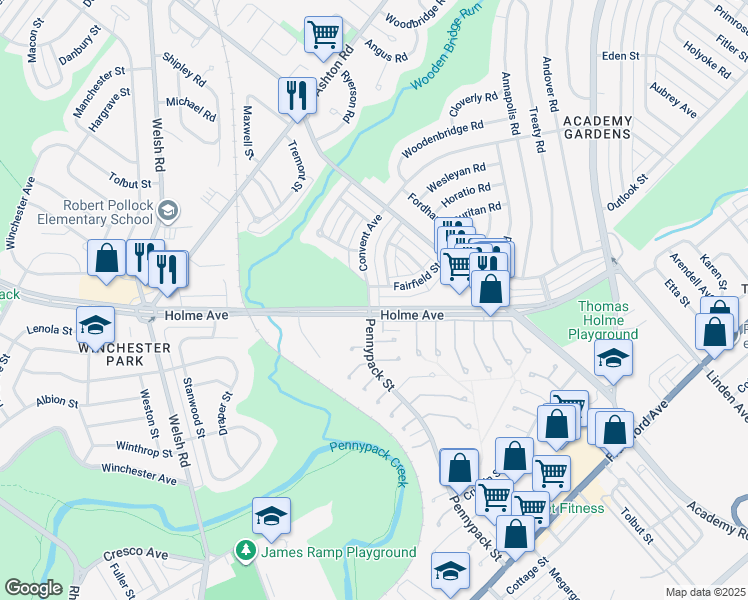 map of restaurants, bars, coffee shops, grocery stores, and more near 8903 Convent Avenue in Philadelphia