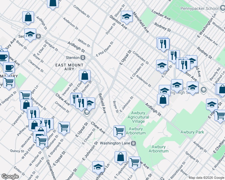 map of restaurants, bars, coffee shops, grocery stores, and more near 6482 Ardleigh Street in Philadelphia