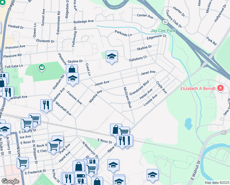 map of restaurants, bars, coffee shops, grocery stores, and more near 847 Grandview Boulevard in Lancaster