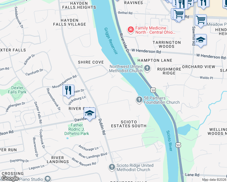 map of restaurants, bars, coffee shops, grocery stores, and more near 4165 Shire Cove Road in Hilliard