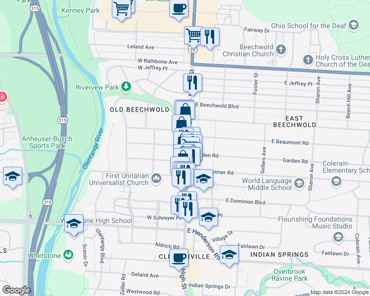 map of restaurants, bars, coffee shops, grocery stores, and more near 4635 North High Street in Columbus