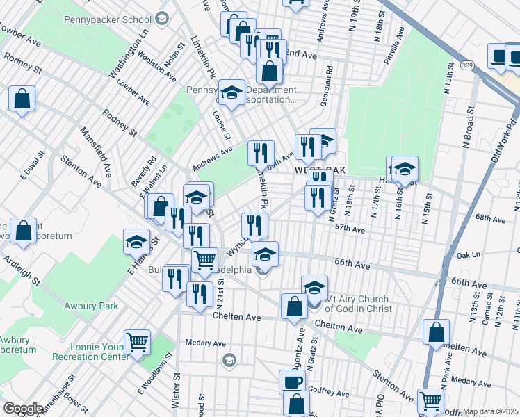 map of restaurants, bars, coffee shops, grocery stores, and more near 6732 Limekiln Pike in Philadelphia