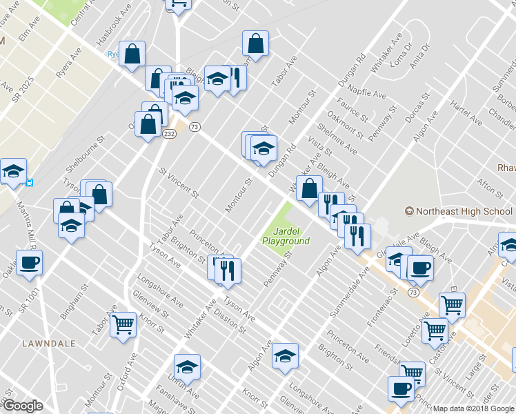 map of restaurants, bars, coffee shops, grocery stores, and more near 7237 Dungan Road in Philadelphia
