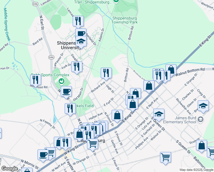 map of restaurants, bars, coffee shops, grocery stores, and more near 232 High Street in Shippensburg