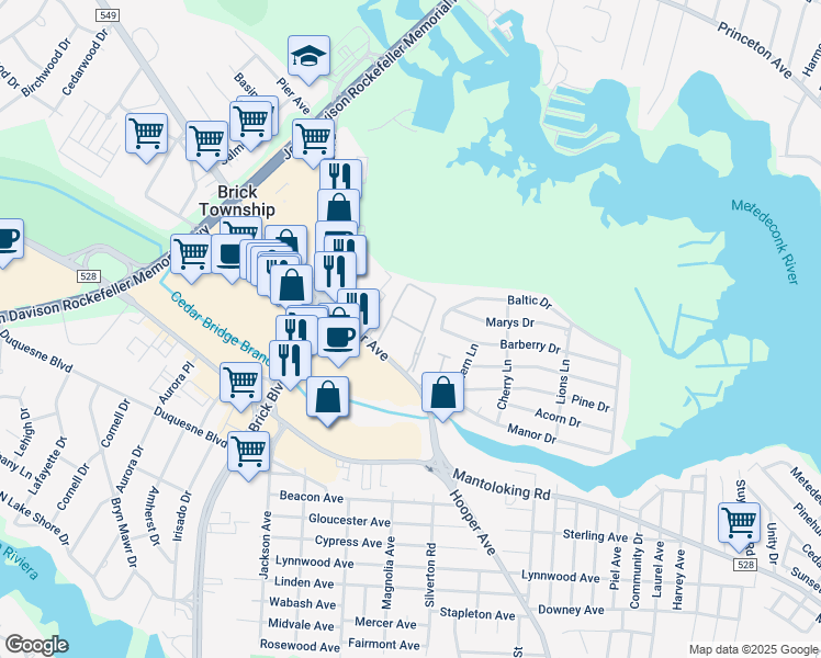 map of restaurants, bars, coffee shops, grocery stores, and more near 2775 Hooper Avenue in Brick Township