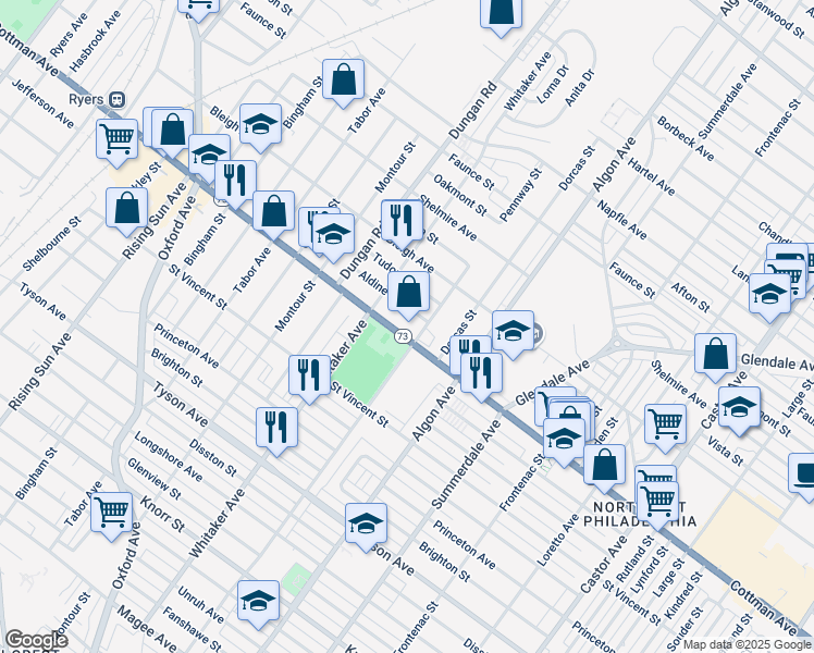 map of restaurants, bars, coffee shops, grocery stores, and more near 1425 Aldine Street in Philadelphia