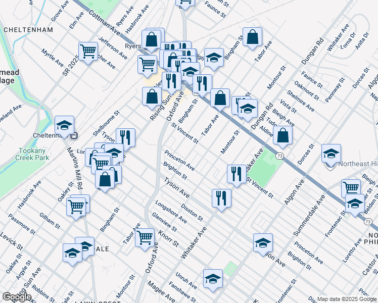 map of restaurants, bars, coffee shops, grocery stores, and more near 7152 Tabor Avenue in Philadelphia