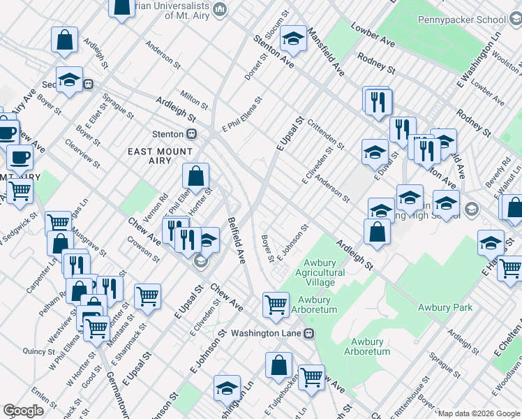 map of restaurants, bars, coffee shops, grocery stores, and more near 6482 Ardleigh Street in Philadelphia