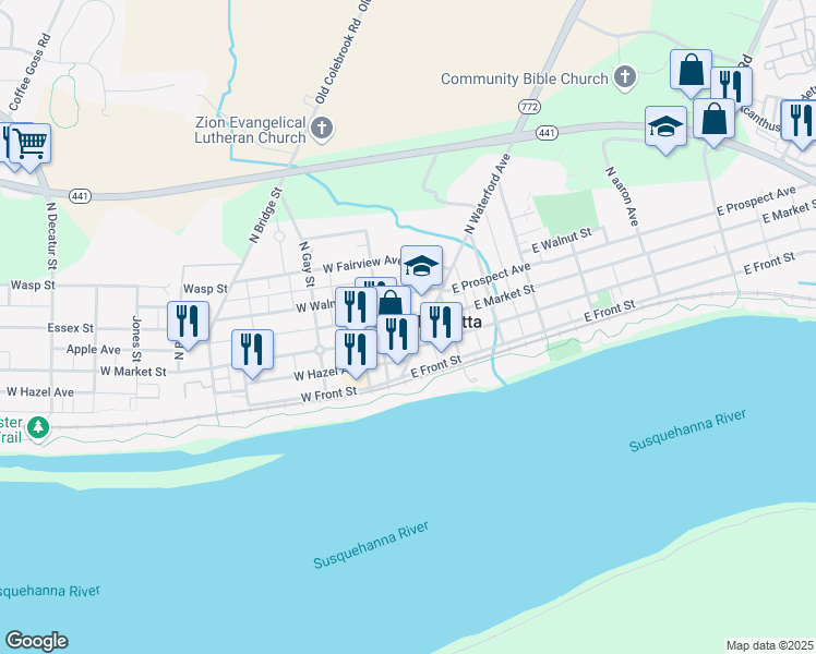 map of restaurants, bars, coffee shops, grocery stores, and more near 39 West Walnut Street in Marietta
