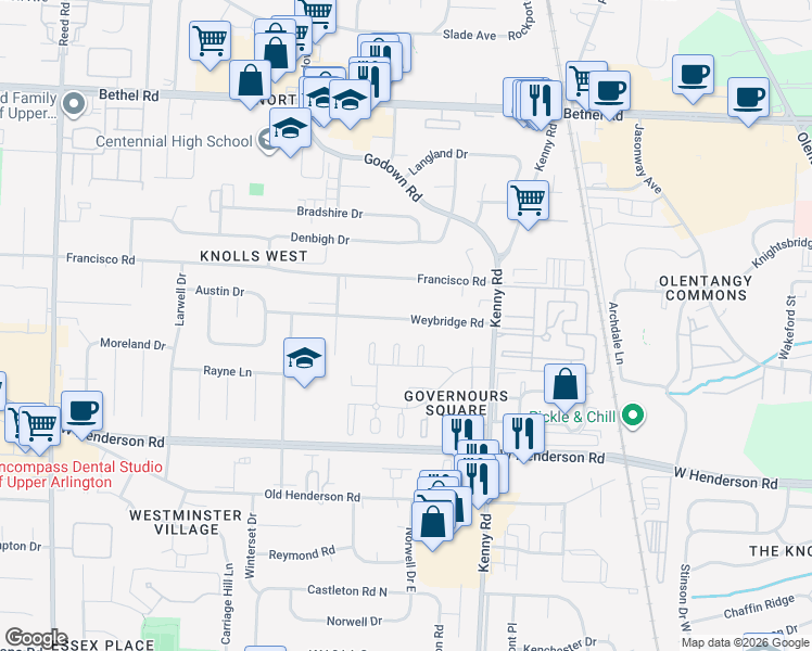 map of restaurants, bars, coffee shops, grocery stores, and more near 1304 Weybridge Road in Columbus