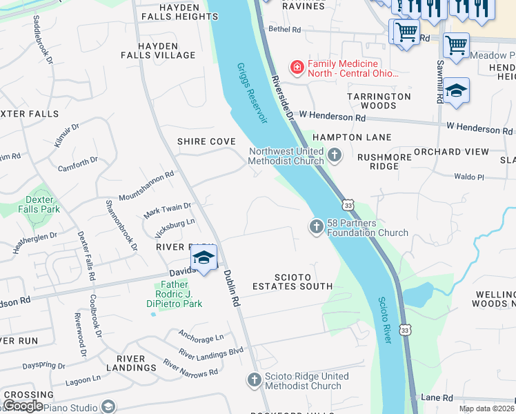 map of restaurants, bars, coffee shops, grocery stores, and more near 4165 Shire Cove Road in Hilliard