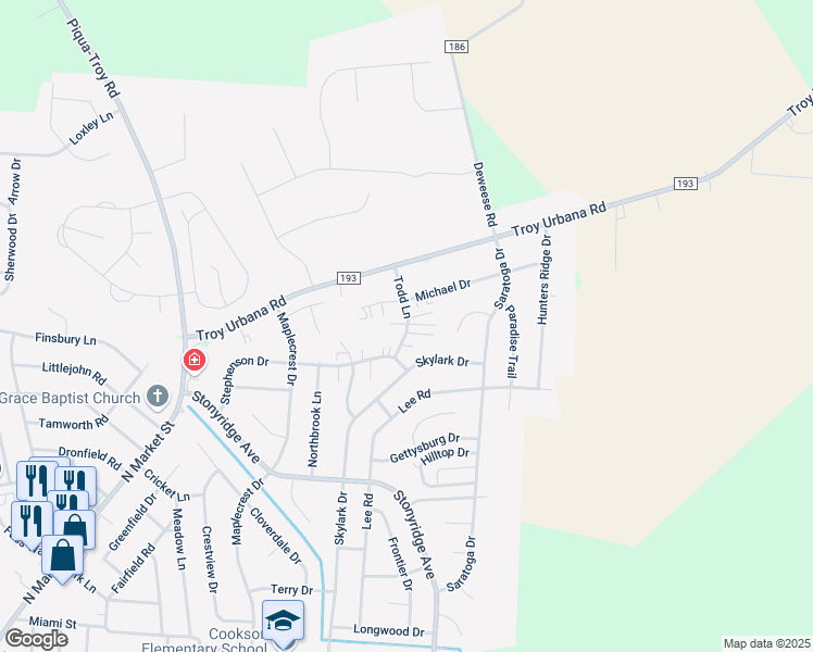 map of restaurants, bars, coffee shops, grocery stores, and more near 1275 Todd Lane in Troy