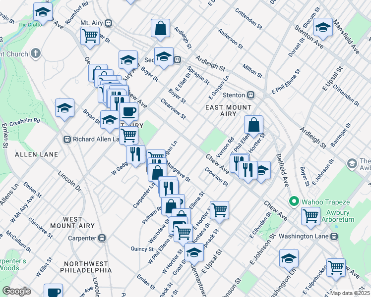 map of restaurants, bars, coffee shops, grocery stores, and more near 6824 Chew Avenue in Philadelphia