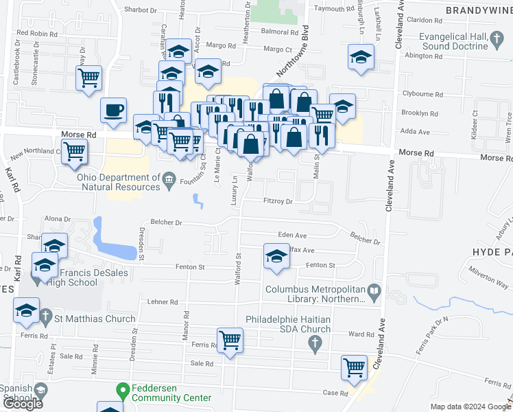 map of restaurants, bars, coffee shops, grocery stores, and more near 2103 Fitzroy Drive in Columbus