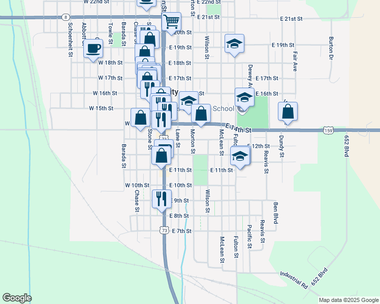 map of restaurants, bars, coffee shops, grocery stores, and more near 1201 Morton Street in Falls City