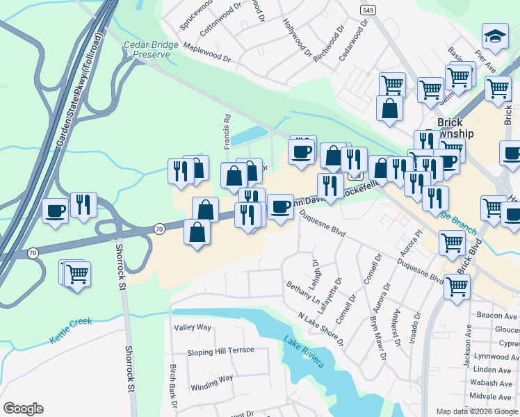 map of restaurants, bars, coffee shops, grocery stores, and more near 481 New Jersey 70 in Brick Township