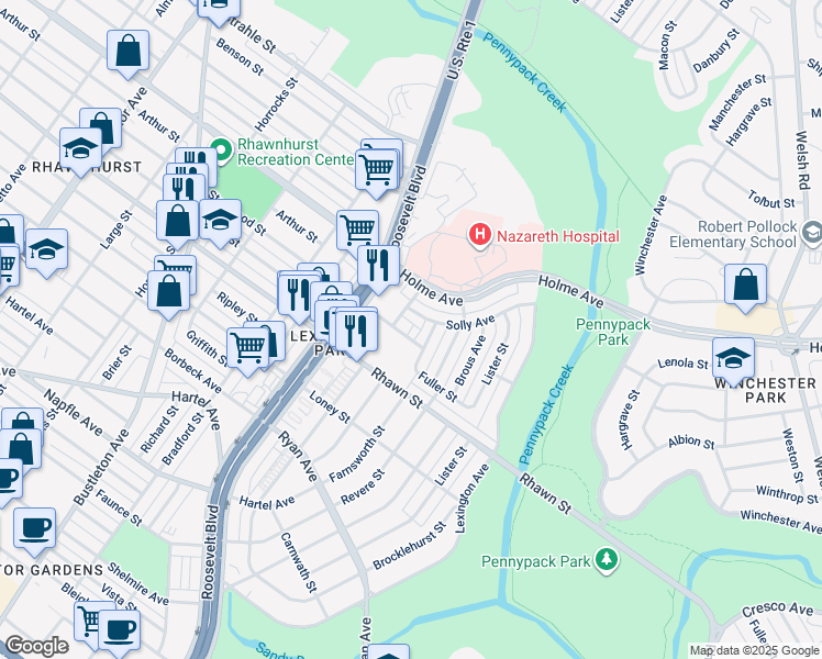 map of restaurants, bars, coffee shops, grocery stores, and more near 2707 Stanwood Street in Philadelphia