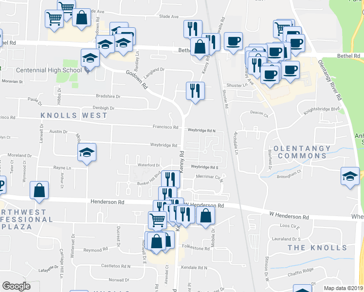 map of restaurants, bars, coffee shops, grocery stores, and more near Kenny Road & Weybridge Road in Columbus