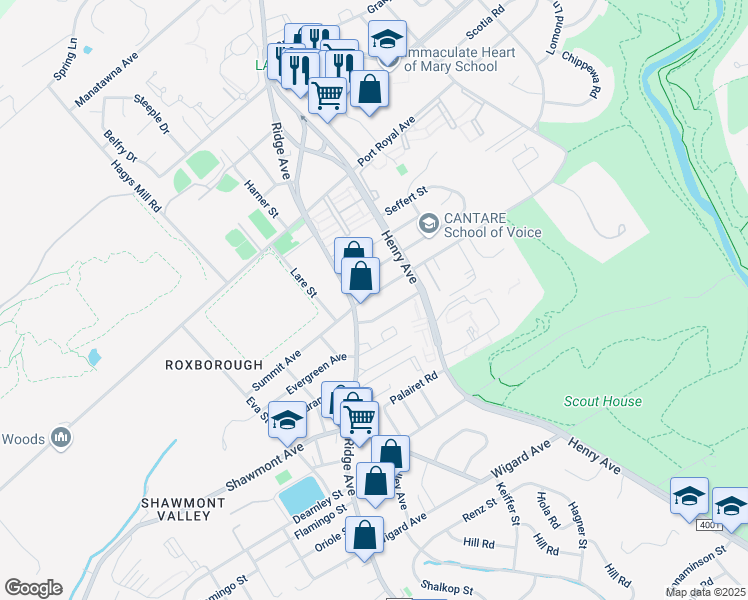 map of restaurants, bars, coffee shops, grocery stores, and more near 627 Summit Avenue in Philadelphia