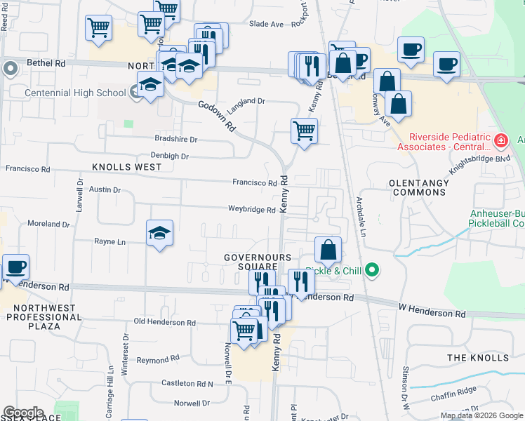 map of restaurants, bars, coffee shops, grocery stores, and more near 1161 Francisco Road in Columbus