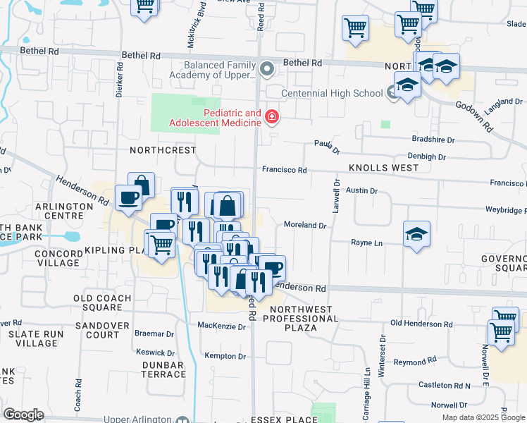 map of restaurants, bars, coffee shops, grocery stores, and more near 1751 Willoway Circle North in Columbus