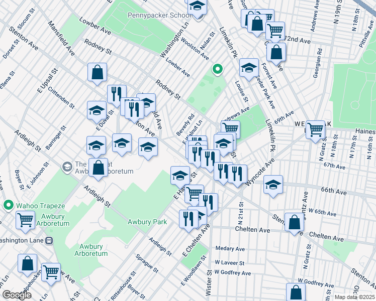 map of restaurants, bars, coffee shops, grocery stores, and more near 6654 Cornelius Street in Philadelphia