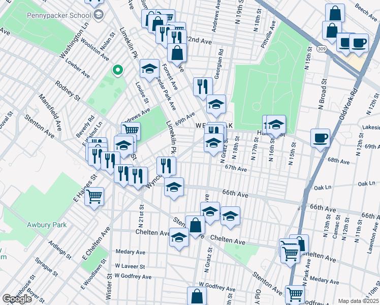 map of restaurants, bars, coffee shops, grocery stores, and more near 6745 Wyncote Avenue in Philadelphia