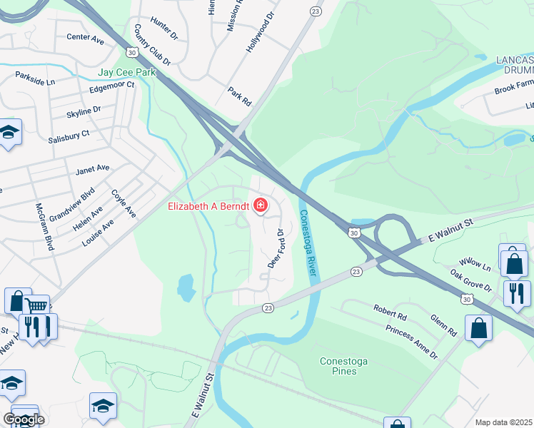 map of restaurants, bars, coffee shops, grocery stores, and more near 137 Deer Ford Drive in Lancaster