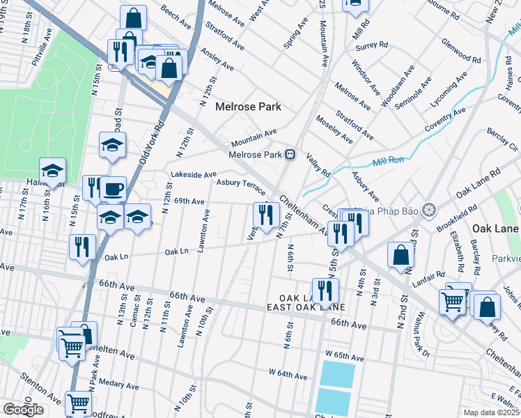 map of restaurants, bars, coffee shops, grocery stores, and more near 804 69th Avenue in Philadelphia