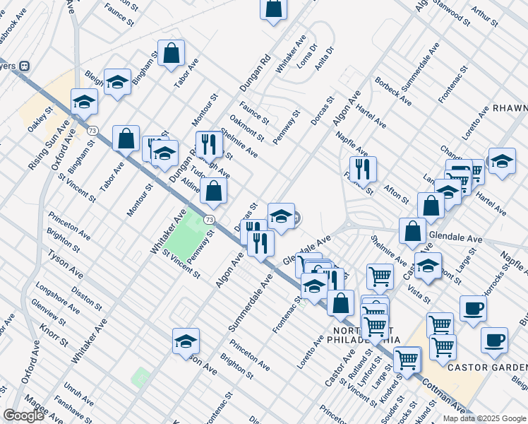 map of restaurants, bars, coffee shops, grocery stores, and more near 7322 Algon Avenue in Philadelphia