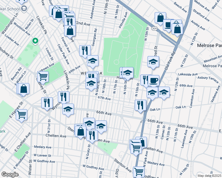 map of restaurants, bars, coffee shops, grocery stores, and more near 6749 North Bouvier Street in Philadelphia