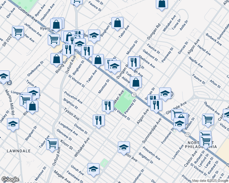 map of restaurants, bars, coffee shops, grocery stores, and more near 7243 Dungan Road in Philadelphia