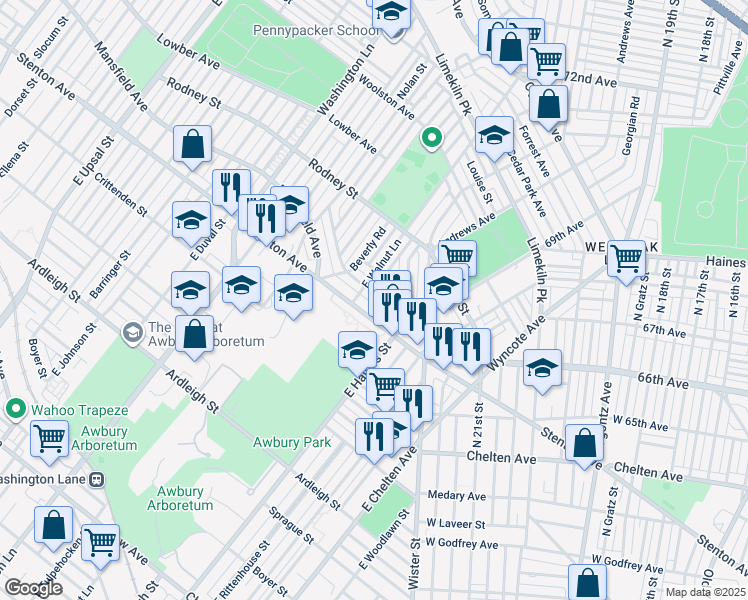 map of restaurants, bars, coffee shops, grocery stores, and more near 6654 Cornelius Street in Philadelphia