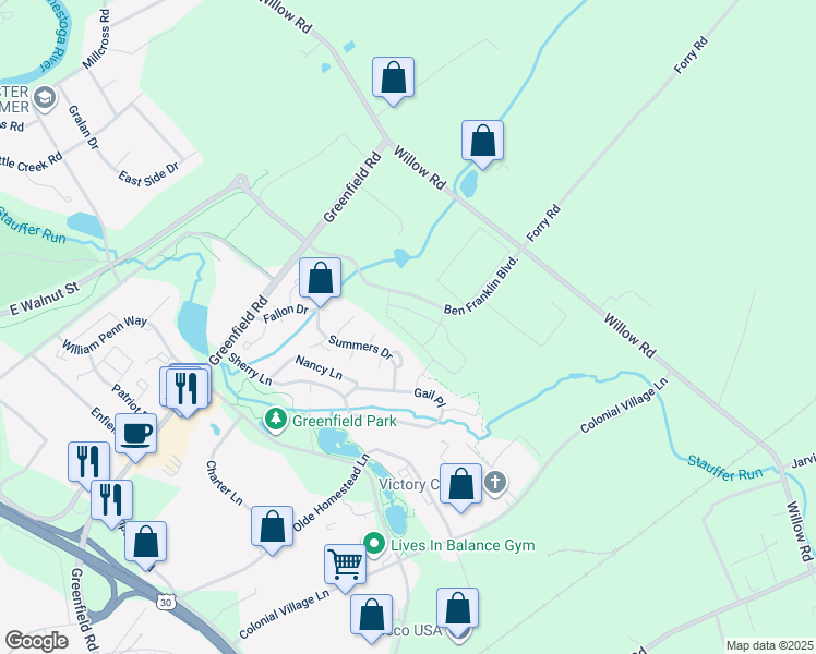 map of restaurants, bars, coffee shops, grocery stores, and more near 403 Eastwood Lane in Lancaster County