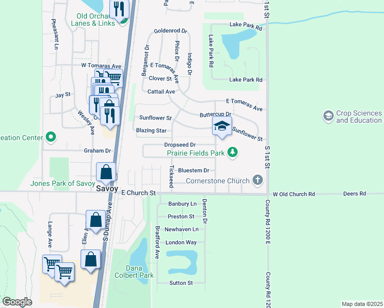 map of restaurants, bars, coffee shops, grocery stores, and more near 309 Dropseed Drive in Savoy