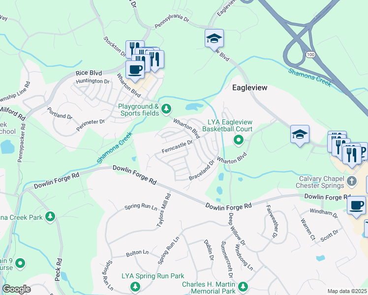 map of restaurants, bars, coffee shops, grocery stores, and more near 505 Ferncastle Drive in Downingtown