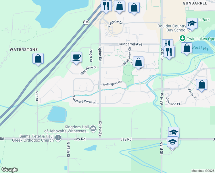 map of restaurants, bars, coffee shops, grocery stores, and more near 4535 Wellington Road in Boulder