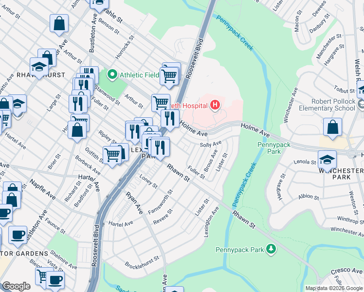 map of restaurants, bars, coffee shops, grocery stores, and more near 2707 Stanwood Street in Philadelphia