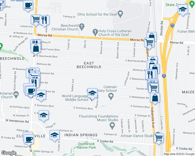 map of restaurants, bars, coffee shops, grocery stores, and more near 391 East Beaumont Road in Columbus