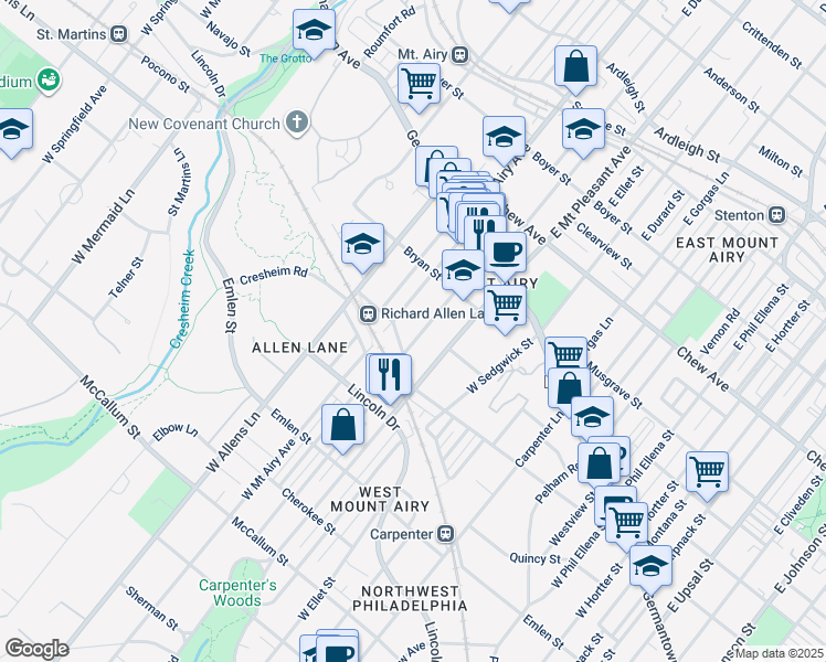 map of restaurants, bars, coffee shops, grocery stores, and more near 167 West Durham Street in Philadelphia