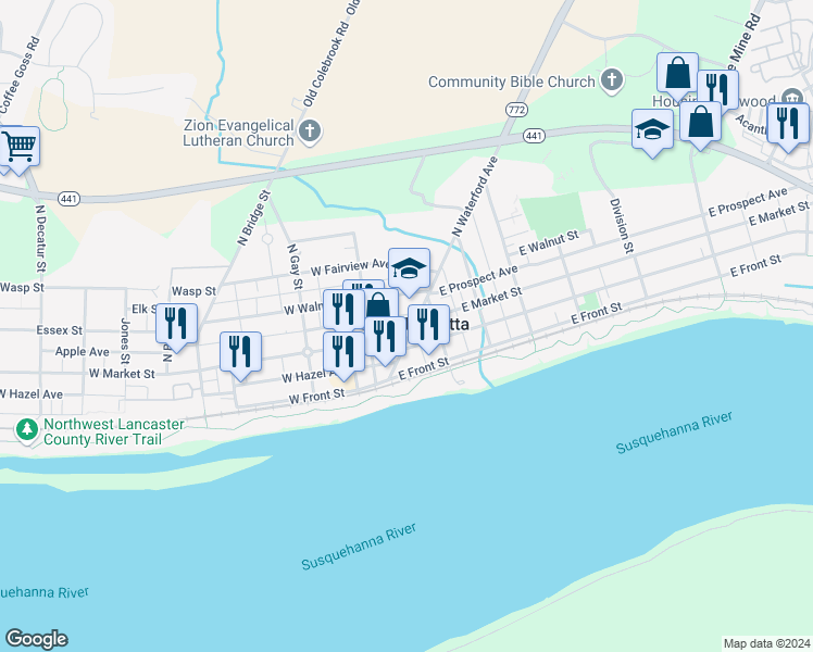 map of restaurants, bars, coffee shops, grocery stores, and more near 11 North Waterford Avenue in Marietta