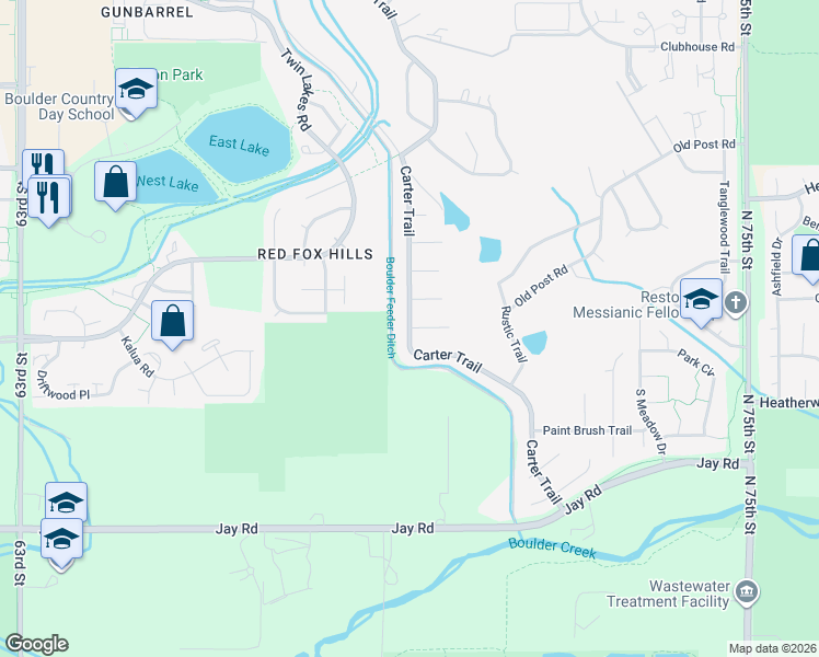 map of restaurants, bars, coffee shops, grocery stores, and more near 12552 Carter Trail in Boulder