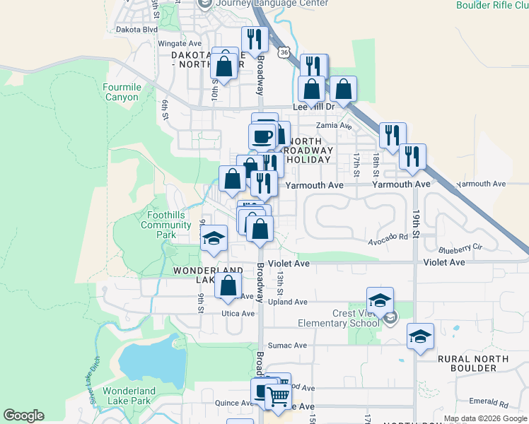 map of restaurants, bars, coffee shops, grocery stores, and more near 4580 Broadway in Boulder